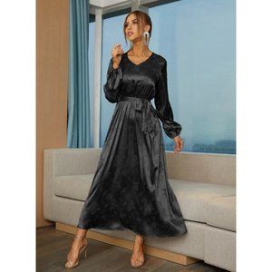 SHEIN Women's Satin Jacquard Self Tie V-neck Dress in Black Size L / NWT